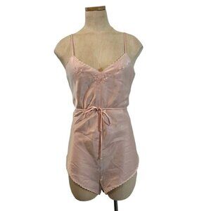 Vtg Epitome Lingerie women's S pink satin lace romper waist tie snap close